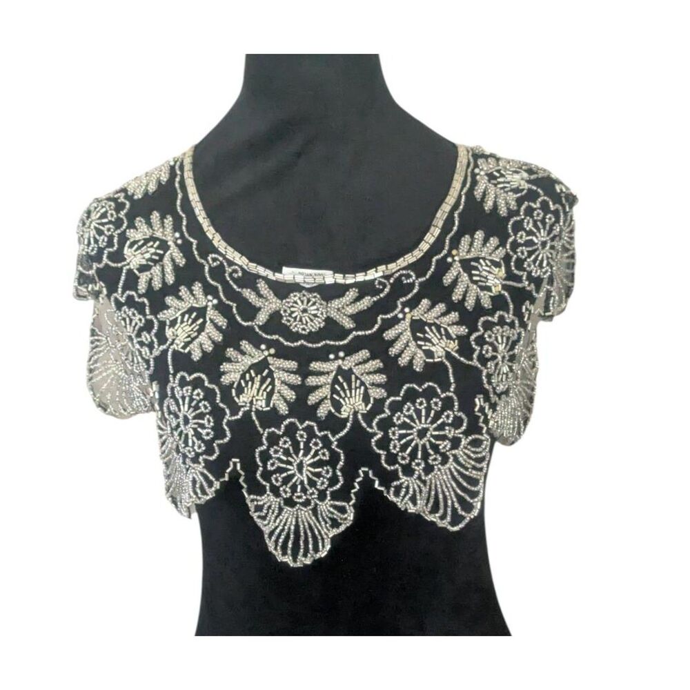 Vintage Beaded Glam Cape Silver Whimsigoth Black Mesh Bolero Scalloped Hem